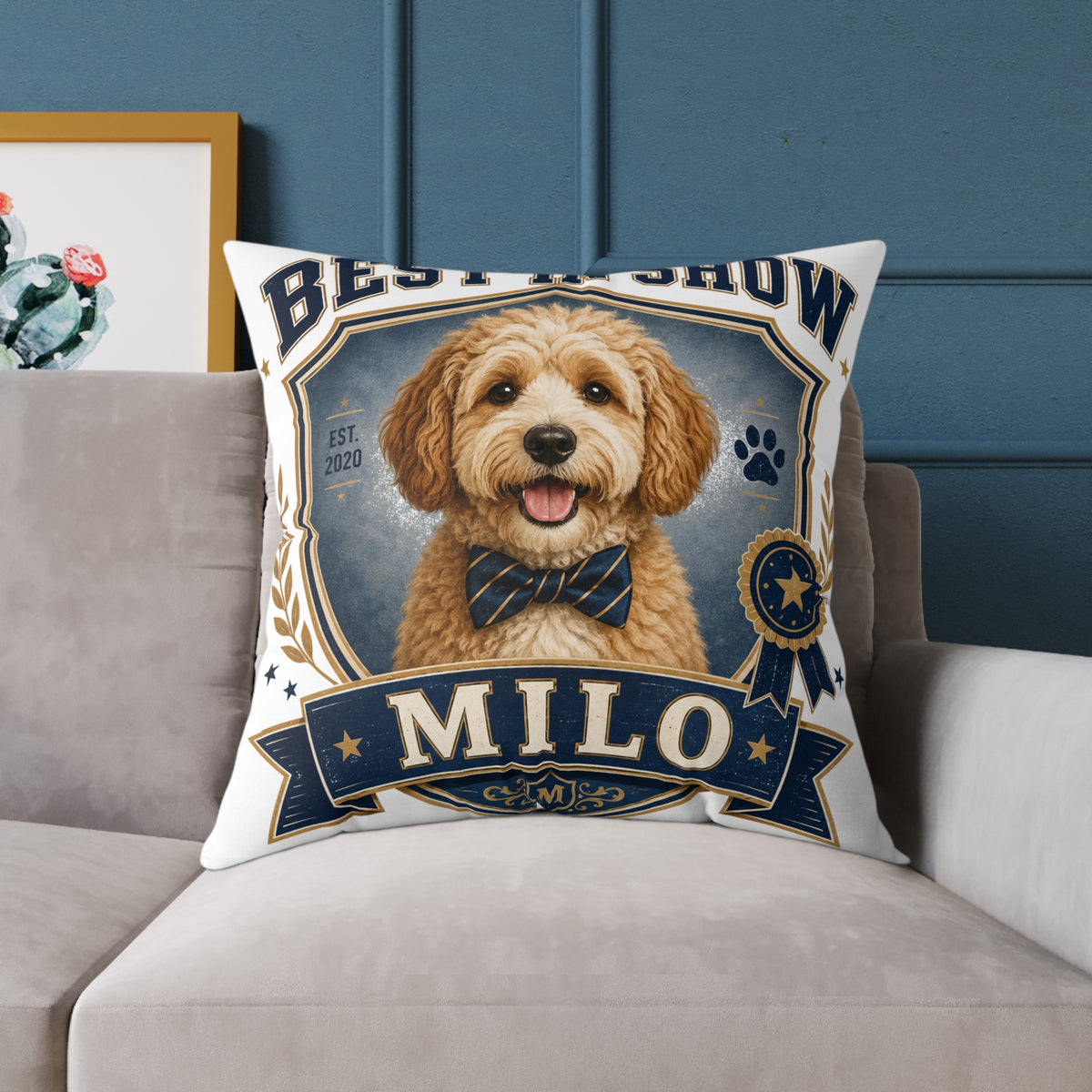 Best in Show Dog Pillow  Milo Bailey Dog Dad Mom — Personalized Milo Portrait Square Throw Pillow