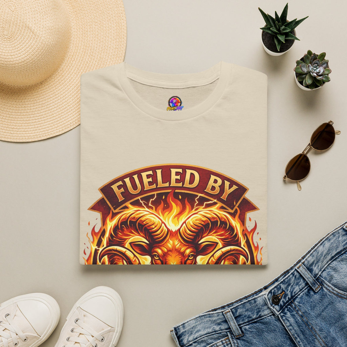 Aries Zodiac Fueled By Fire & Aries Energy T-Shirt — Zodiac Ram Graphic Tee