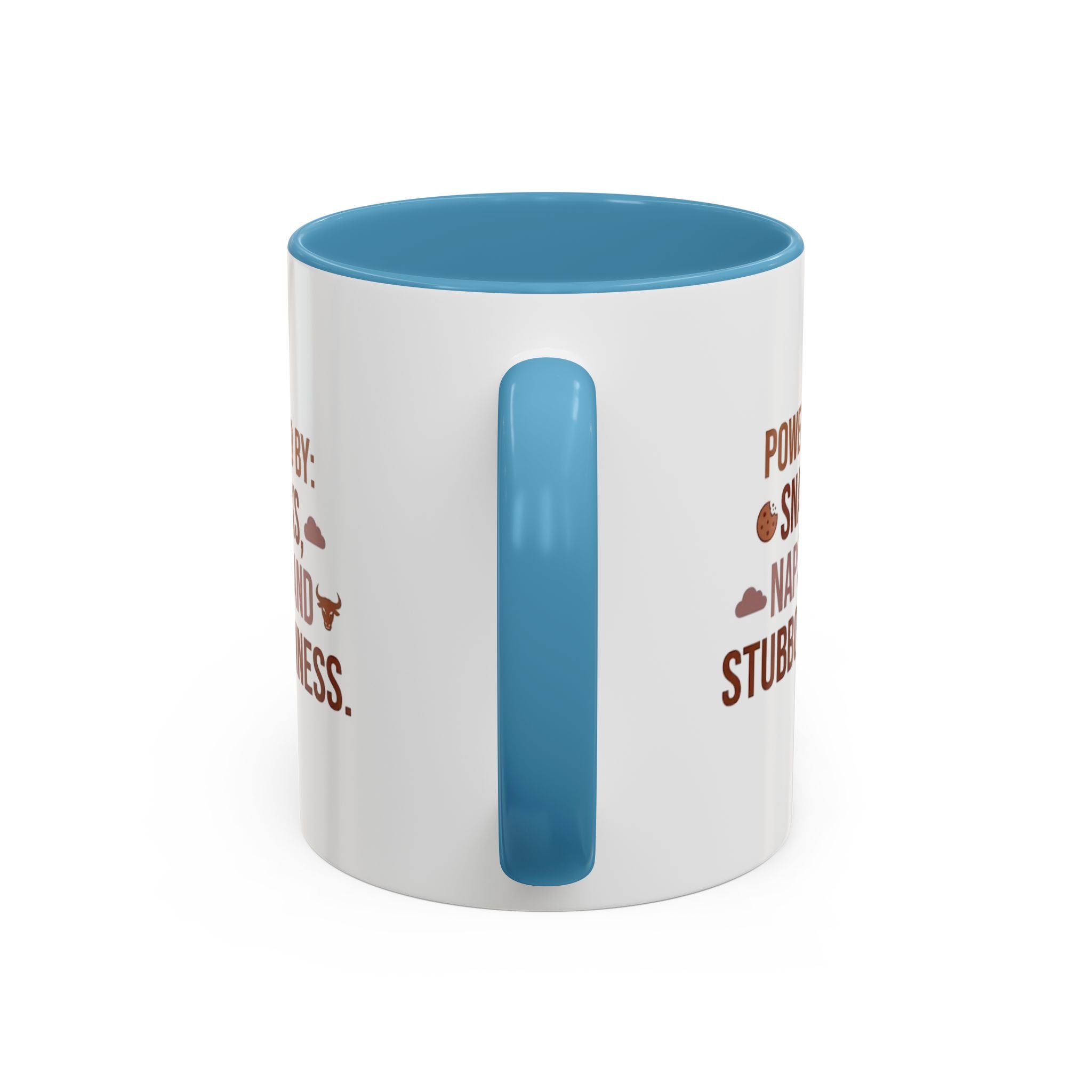 Coffee Mug — "Powered by: Snacks, Naps, and Stubbornness" Ceramic Accent Mug