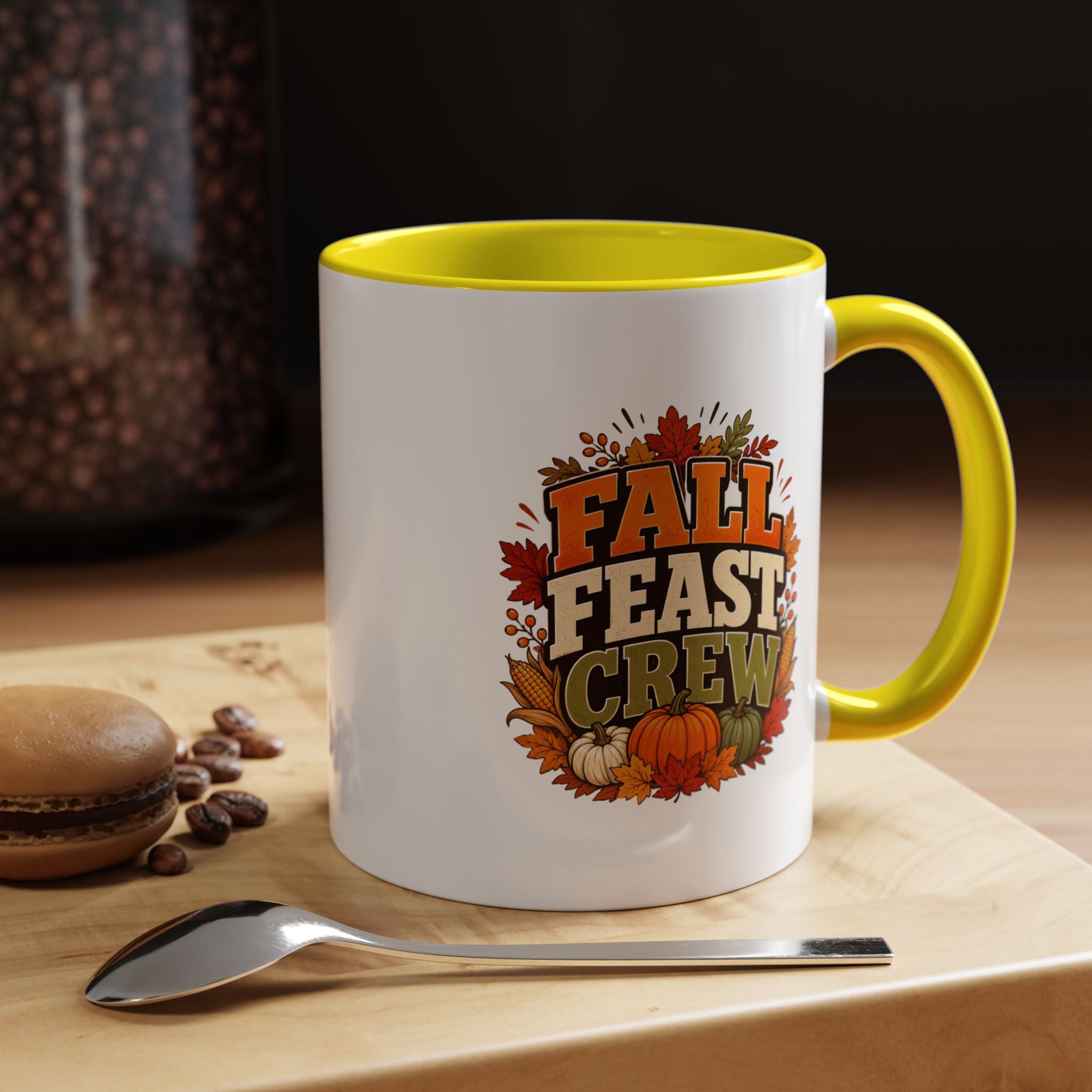 Thanksgiving Mug Fall Feast Crew Coffee Mug — Autumn Pumpkin & Leaves Accent Mug