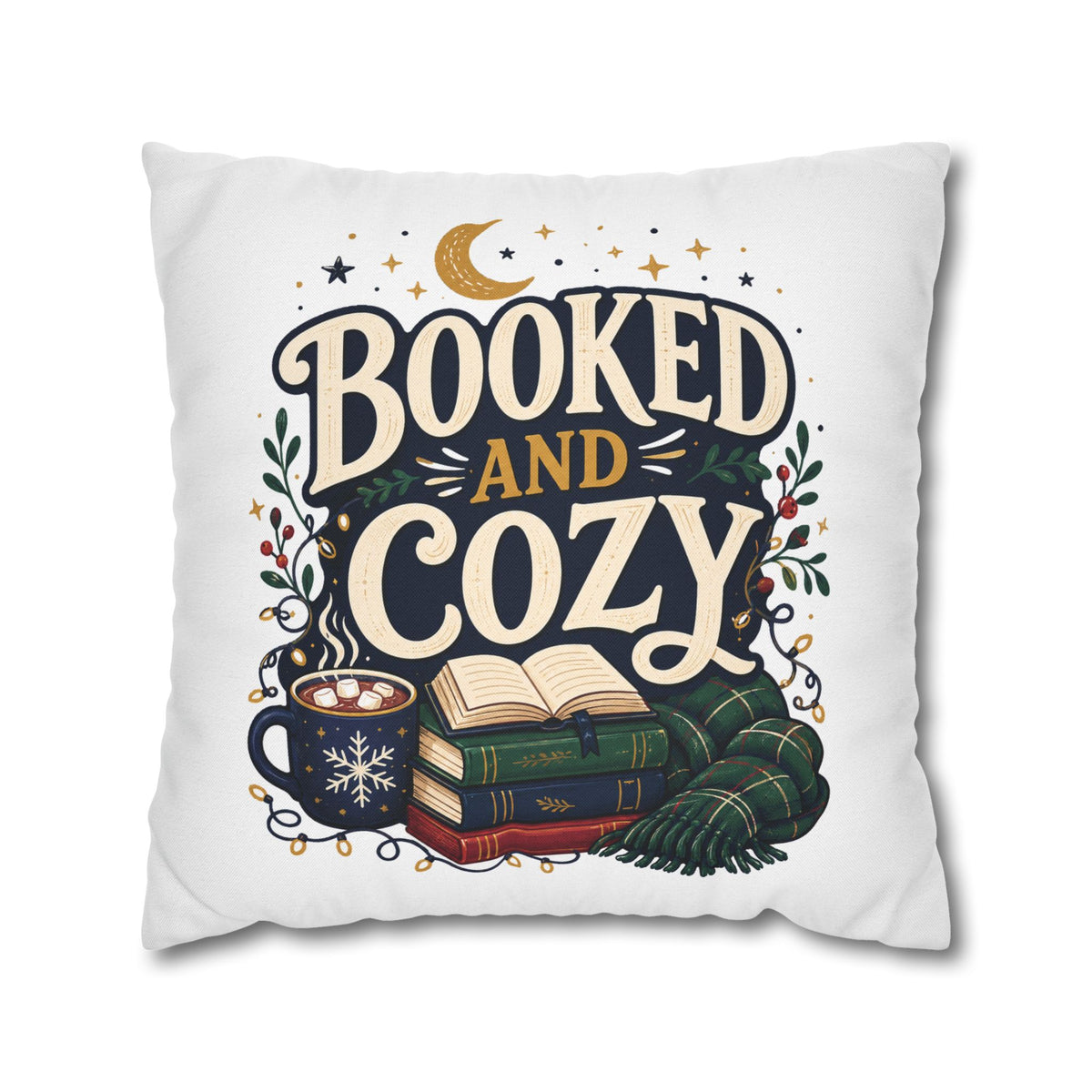 Booked and Cozy Square Pillowcase Modern Day Christmas — Booklover Decorative Throw Pillow Cover