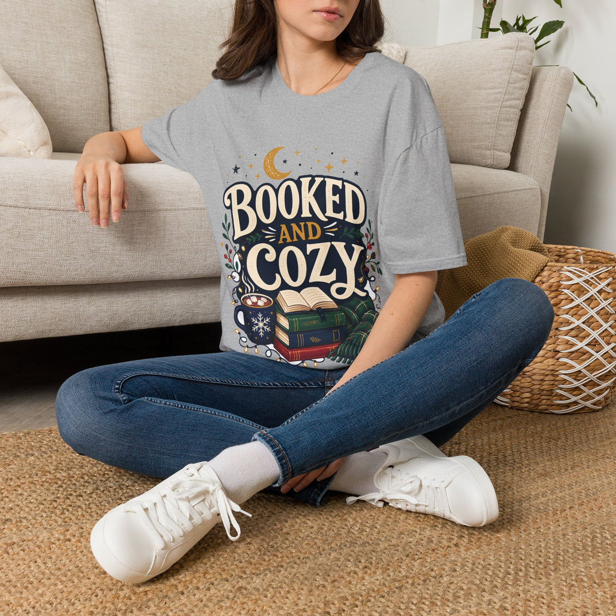 Booked and Cozy T-Shirt — Cozy Reading Graphic Tee (Books, Moon & Stars)