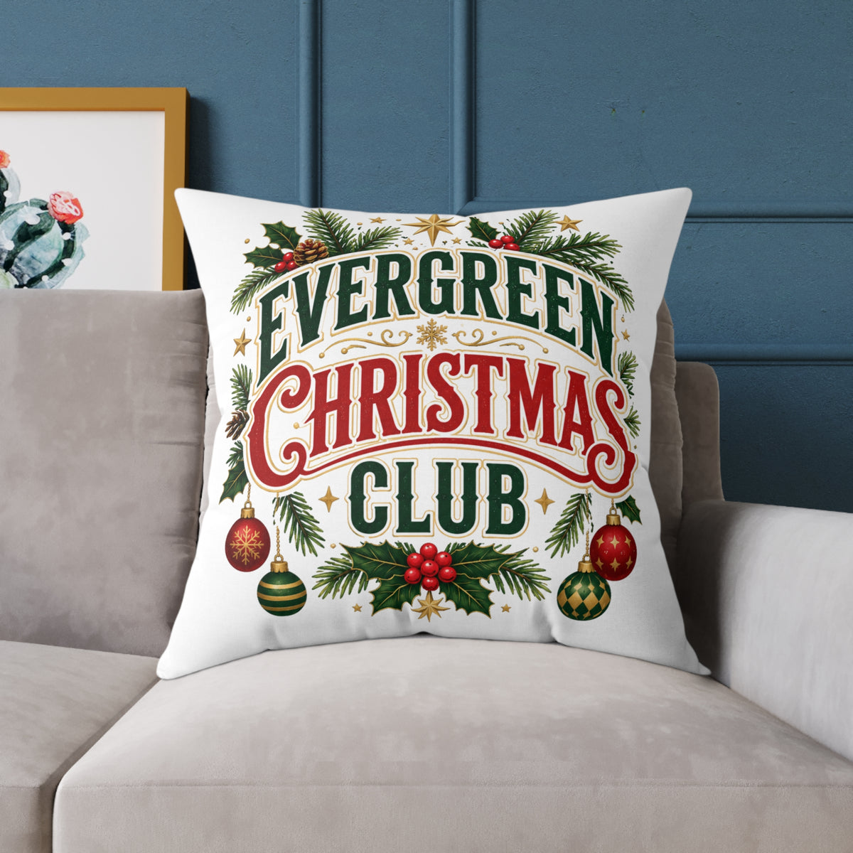 Evergreen Christmas Club Holiday Throw Pillow — Festive Pine Wreath Decorative Pillow