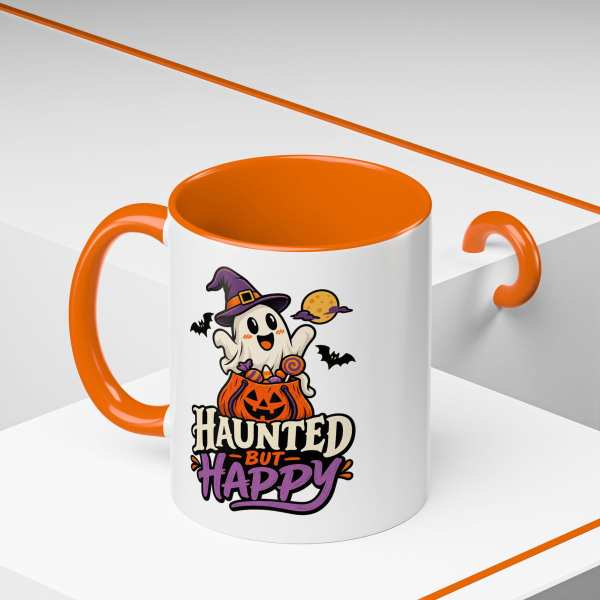 Haunted But Happy Coffee Mug — Halloween Ghost Pumpkin Accent Mug (11/15oz)
