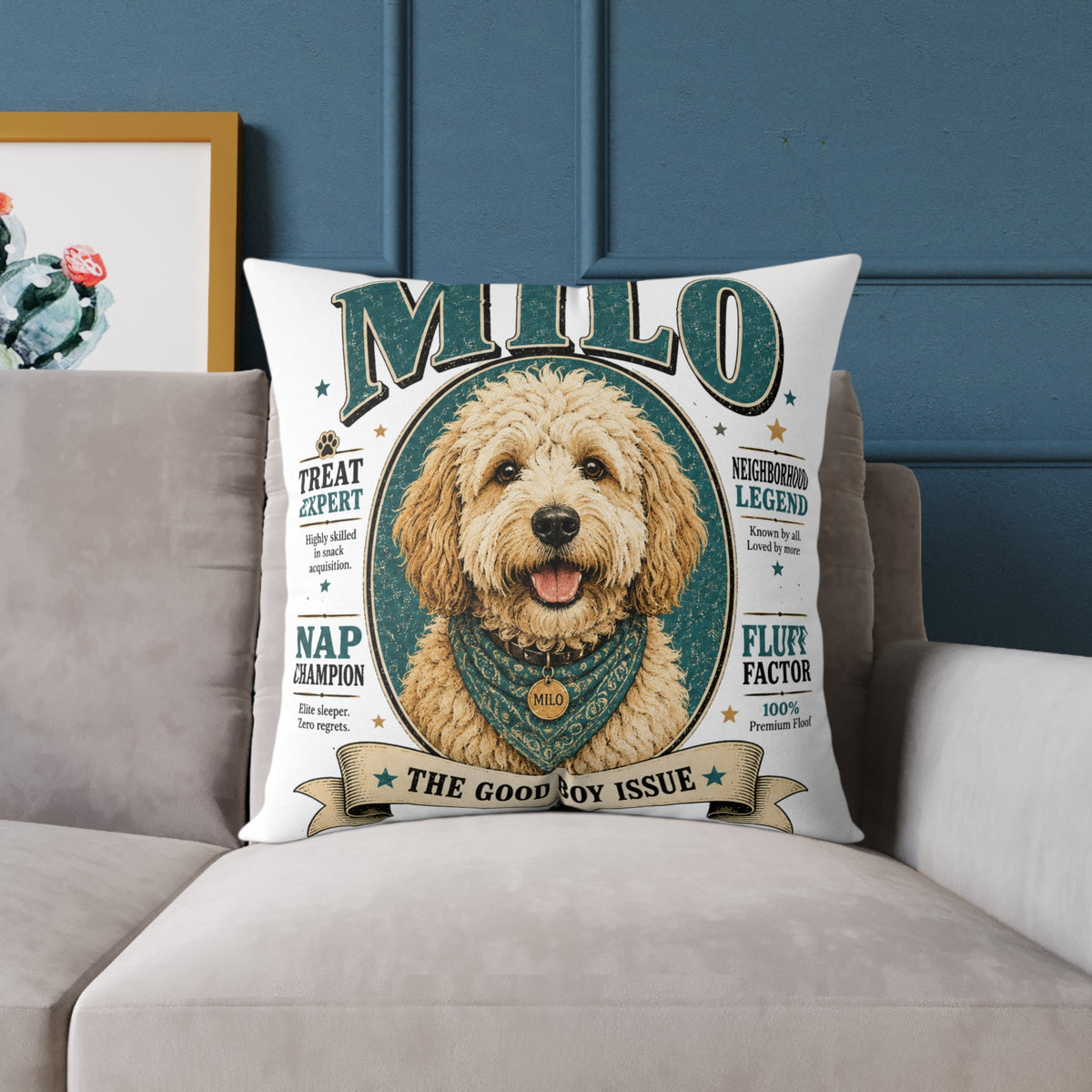 Milo Bailey Dog Dad Mom Square Pillow — "Milo: The Good Boy Issue" Dog Portrait Decorative Throw Pillow