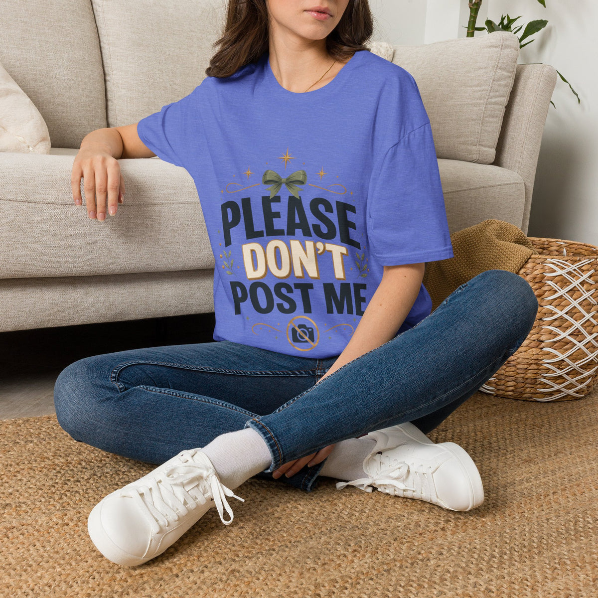 T-Shirt — Please Don’t Post Me Graphic Tee (Cute Bow, Social Media Humor)