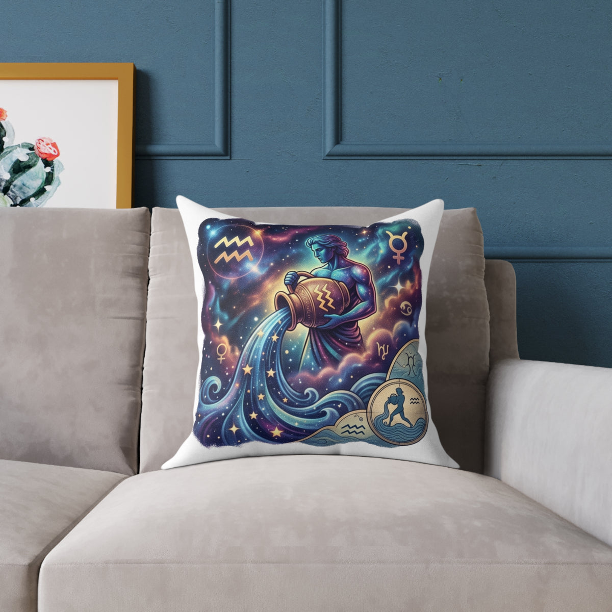 Aquarius Zodiac Pillow – Illustrated Astrological Water Bearer Throw Cushion