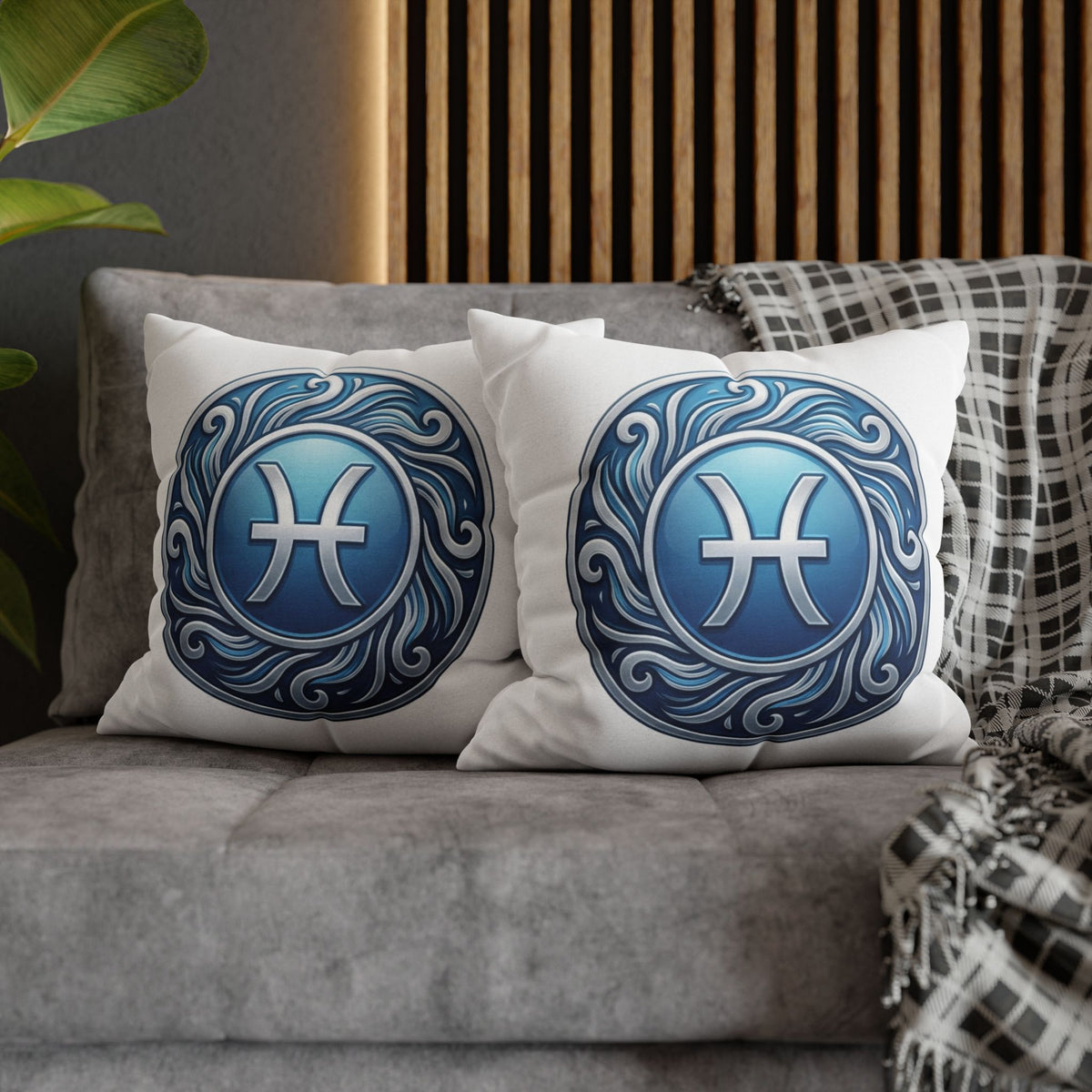 Pisces Zodiac Pillow Cover — Blue Astrological Symbol Decorative Throw Pillowcase