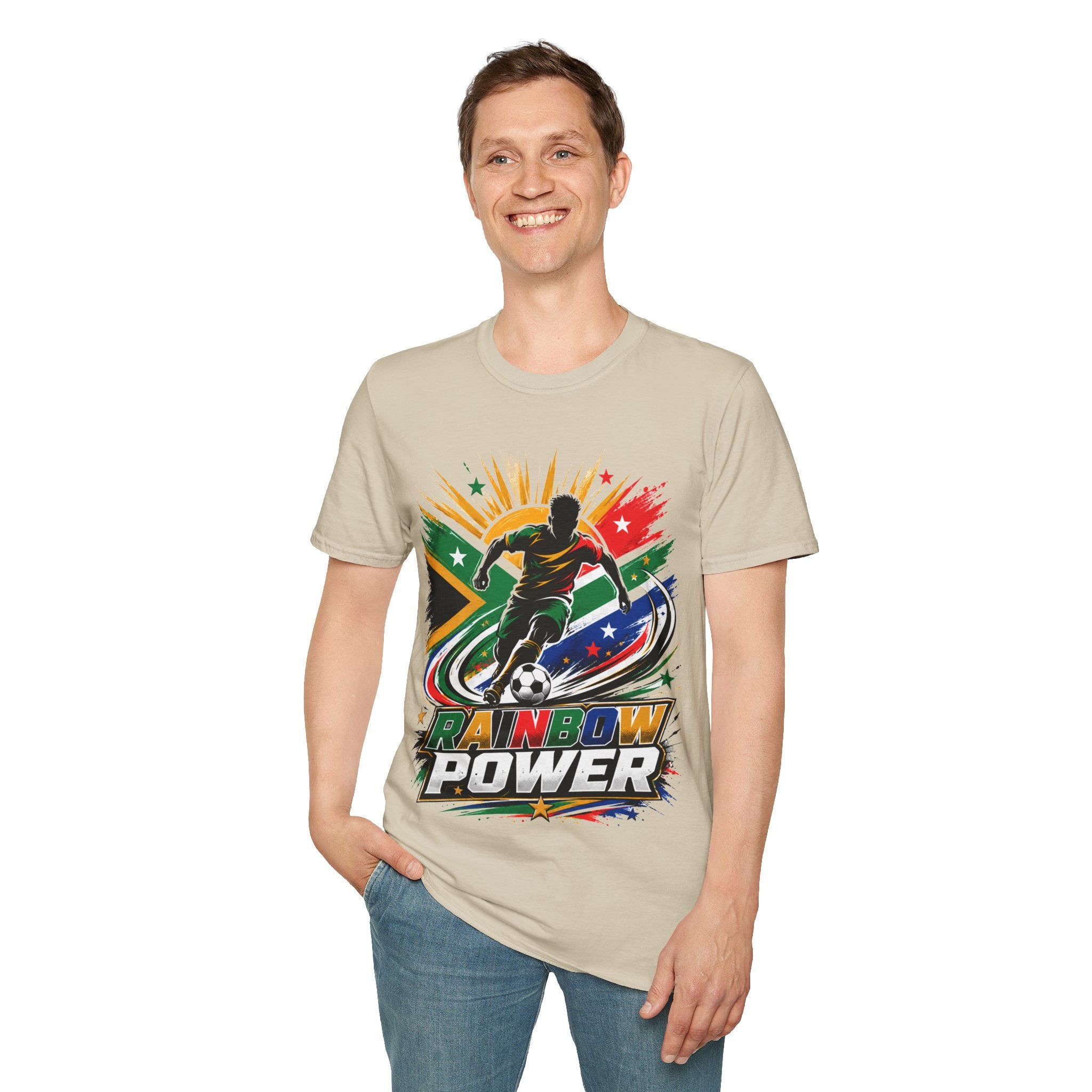 South Africa Soccer Rainbow Power T-Shirt — Colorful Football Player Graphic Tee