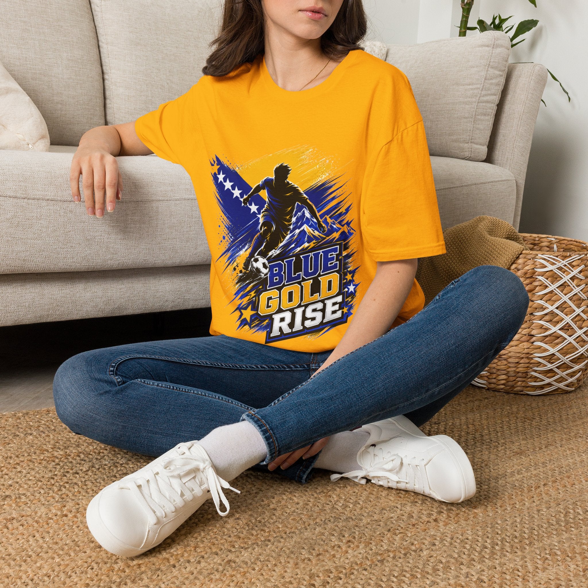 Bosnia Football T‑Shirt - "Blue Gold Rise" Soccer Graphic Tee