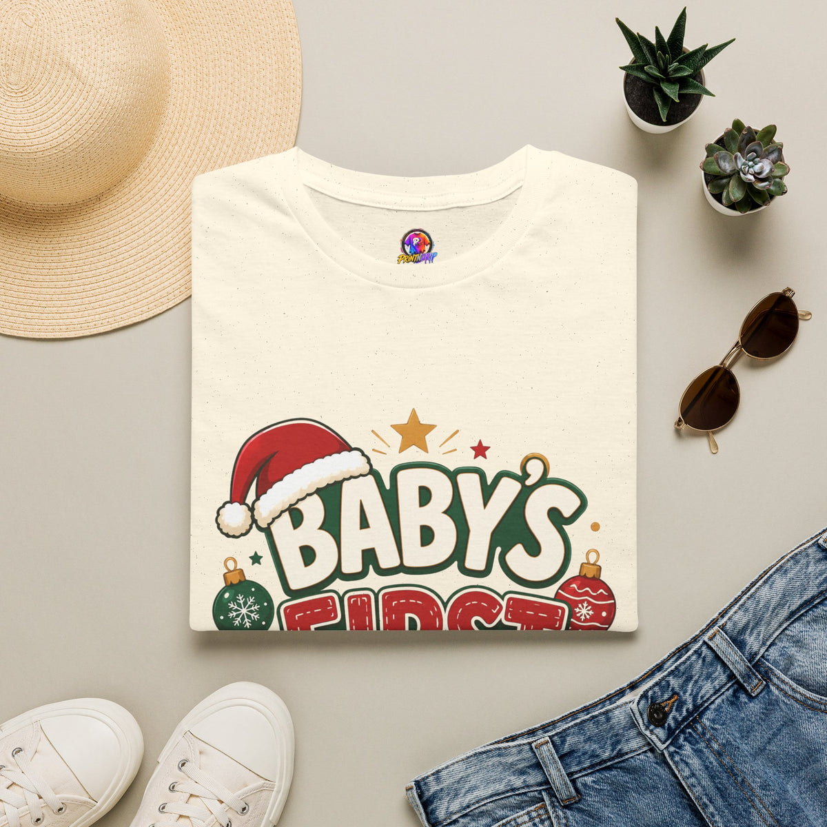 Baby's First Christmas T-Shirt — Festive Santa Hat & Ornaments Holiday Tee