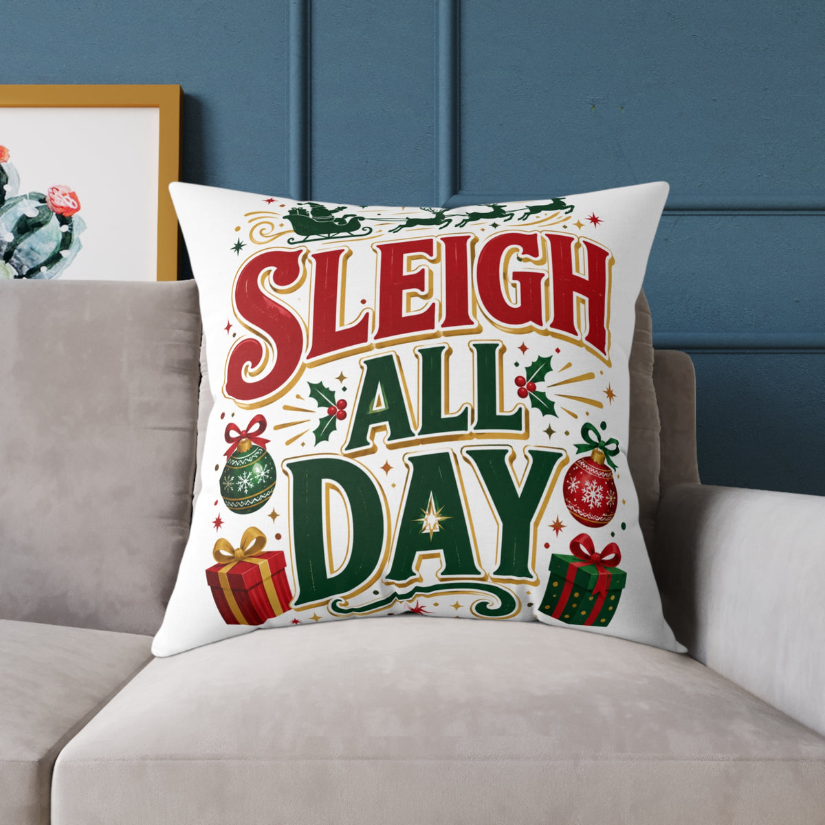 Christmas Sleigh All Day Decorative Pillow — Festive Christmas Holiday Throw Cushion