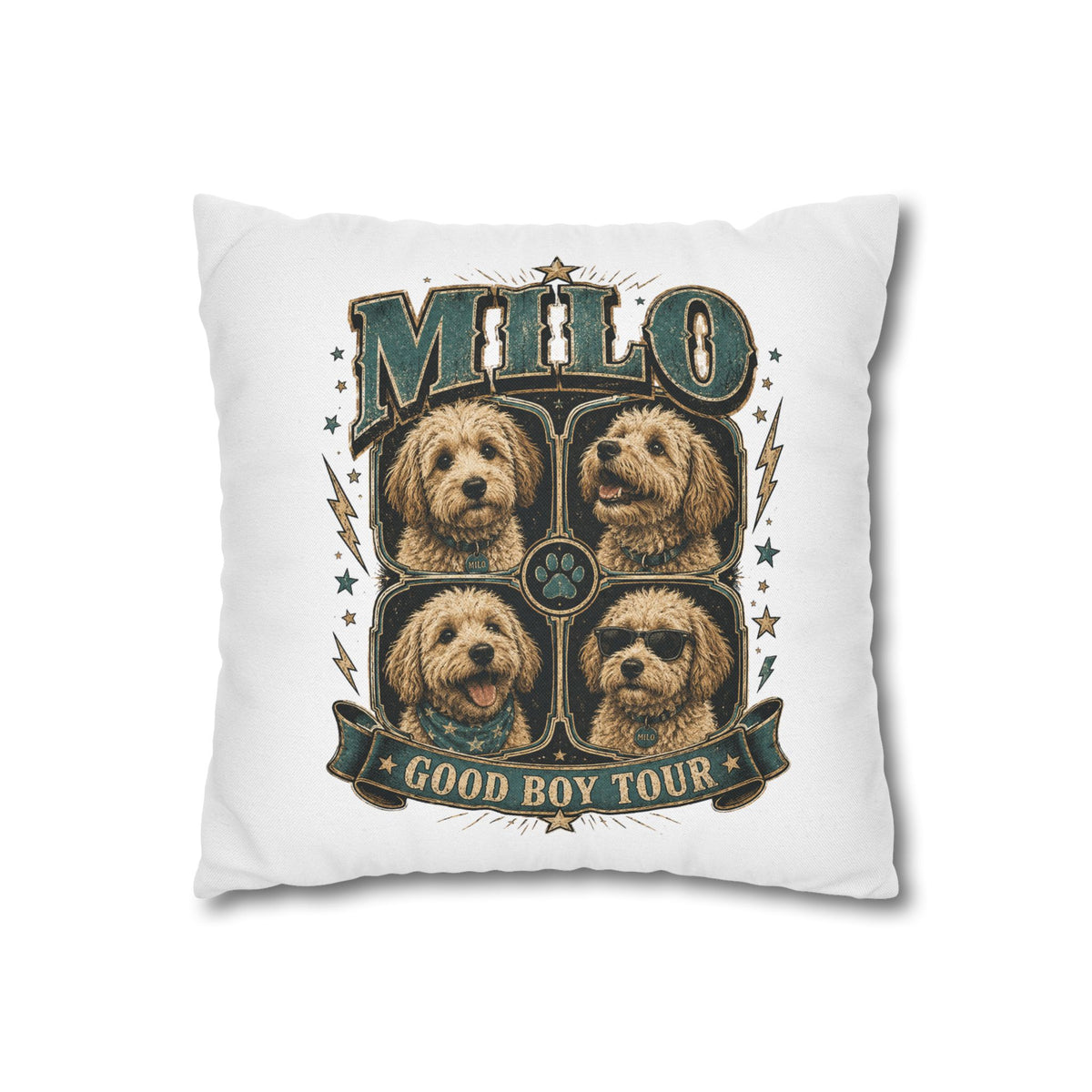 Milo "Good Boy Tour" Decorative Pillowcase — Dog Band Tour Poster Throw Pillowcase Milo Bailey Dog Dad Mom