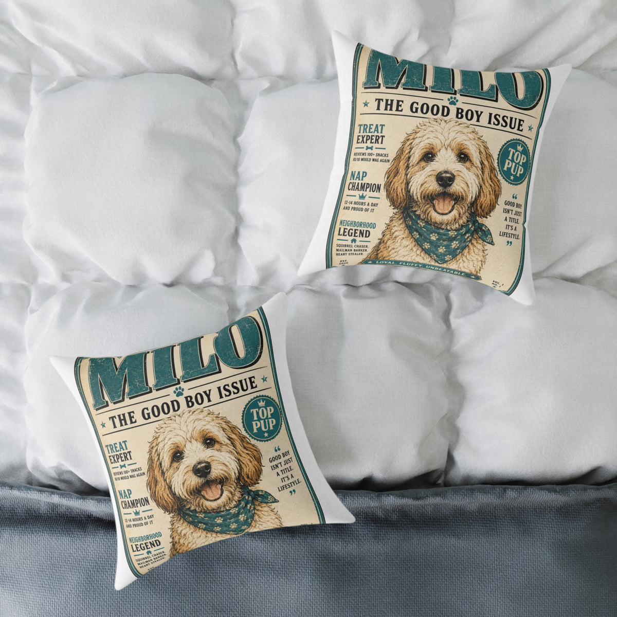 Milo Bailey Dog Dad Mom Pillow — "Milo: The Good Boy Issue" Square Throw Pillow (Pet Lover Gift)
