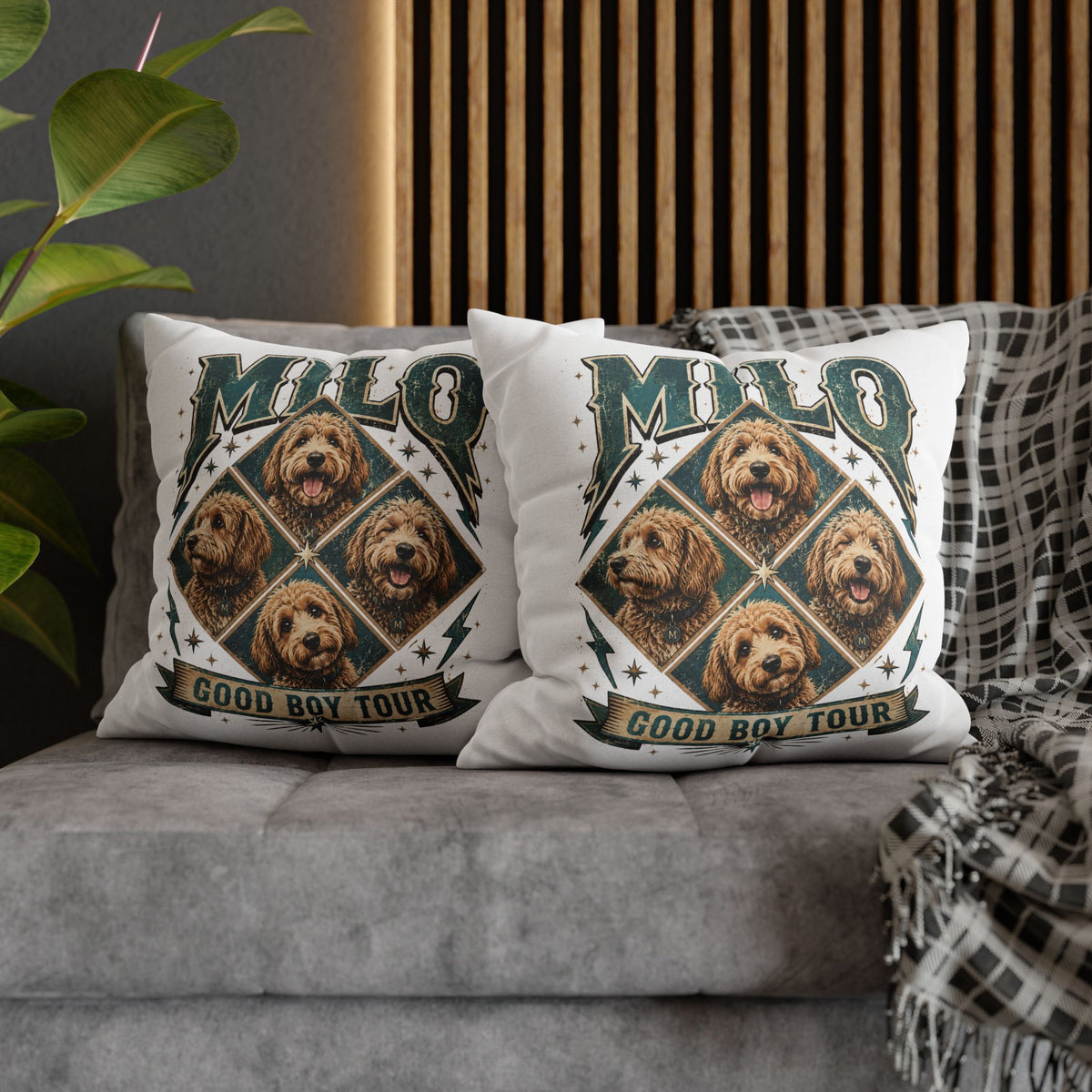 Milo “Good Boy Tour” Dog Photo Square Pillowcase Milo Bailey Dog Dad Mom