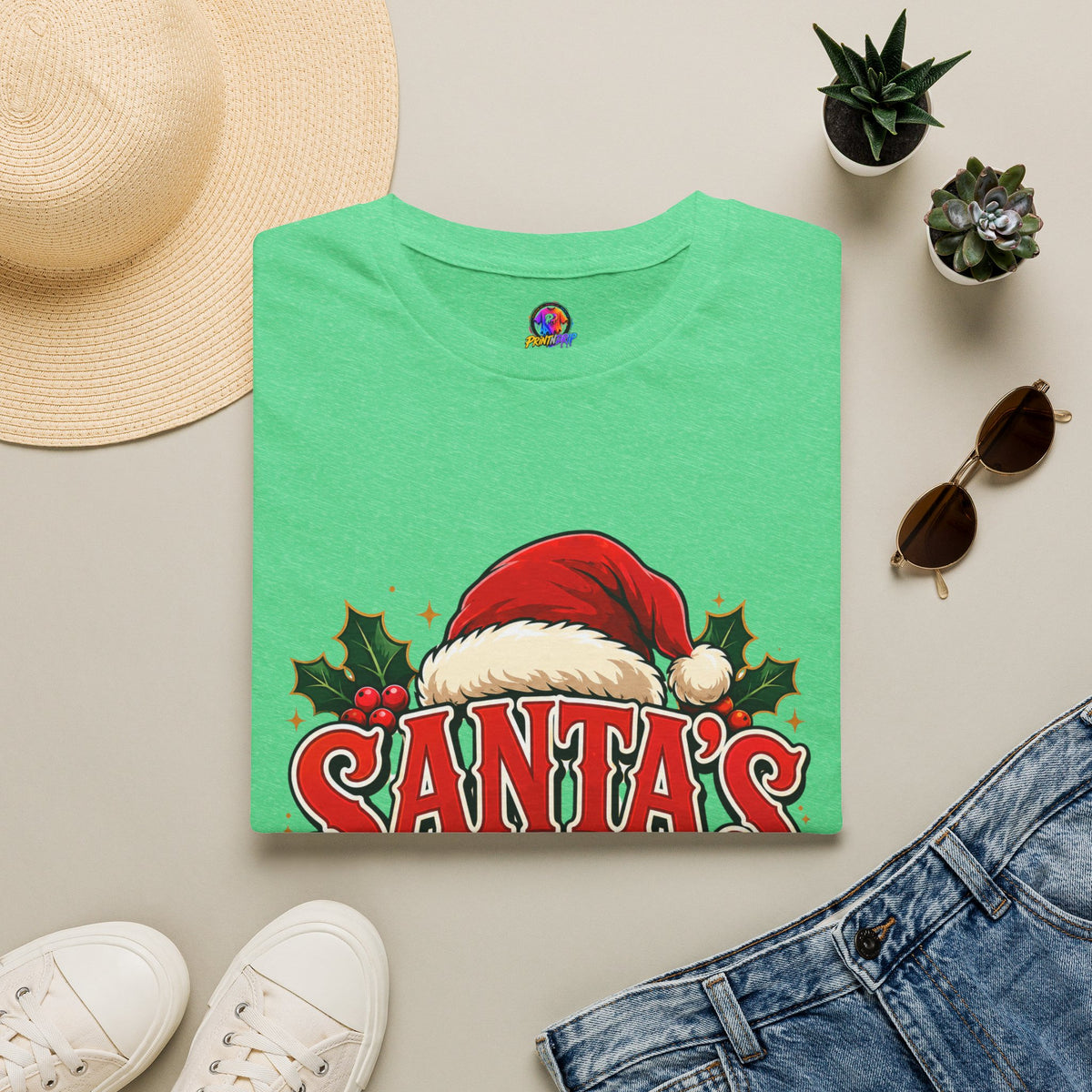 Santa's Favorite T-Shirt — Festive Christmas Tee with Santa Hat & Holly
