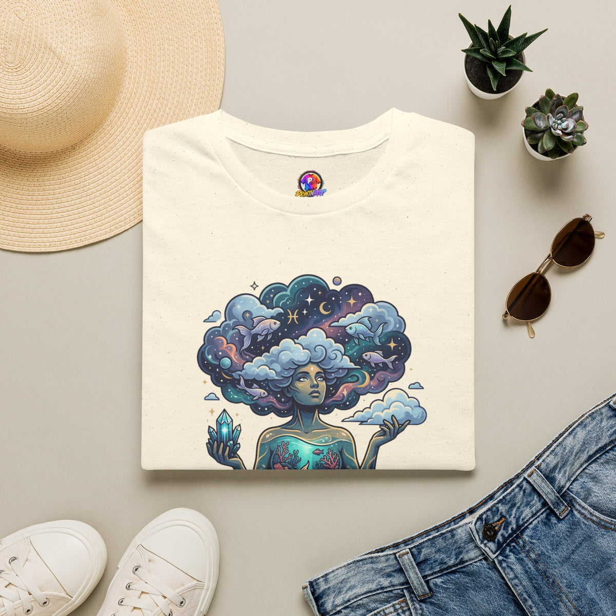 Pisces Zodiac in the Clouds T-Shirt — Dreamy Cosmic Woman Graphic Tee