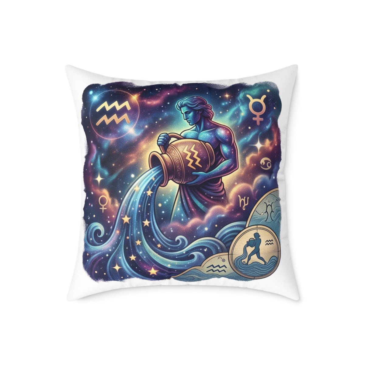 Aquarius Zodiac Pillow – Illustrated Astrological Water Bearer Throw Cushion