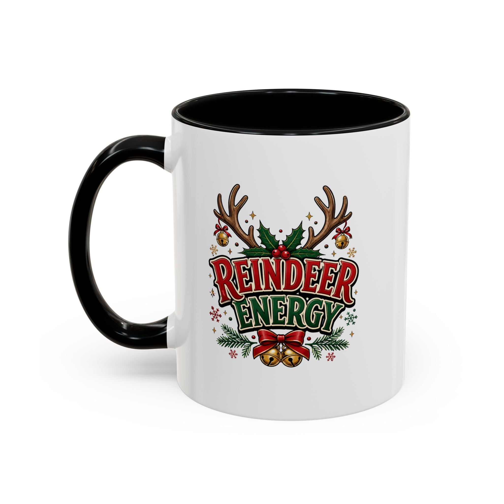 Reindeer Energy Coffee Mug – Holiday Christmas Antlers & Bells Accent Mug