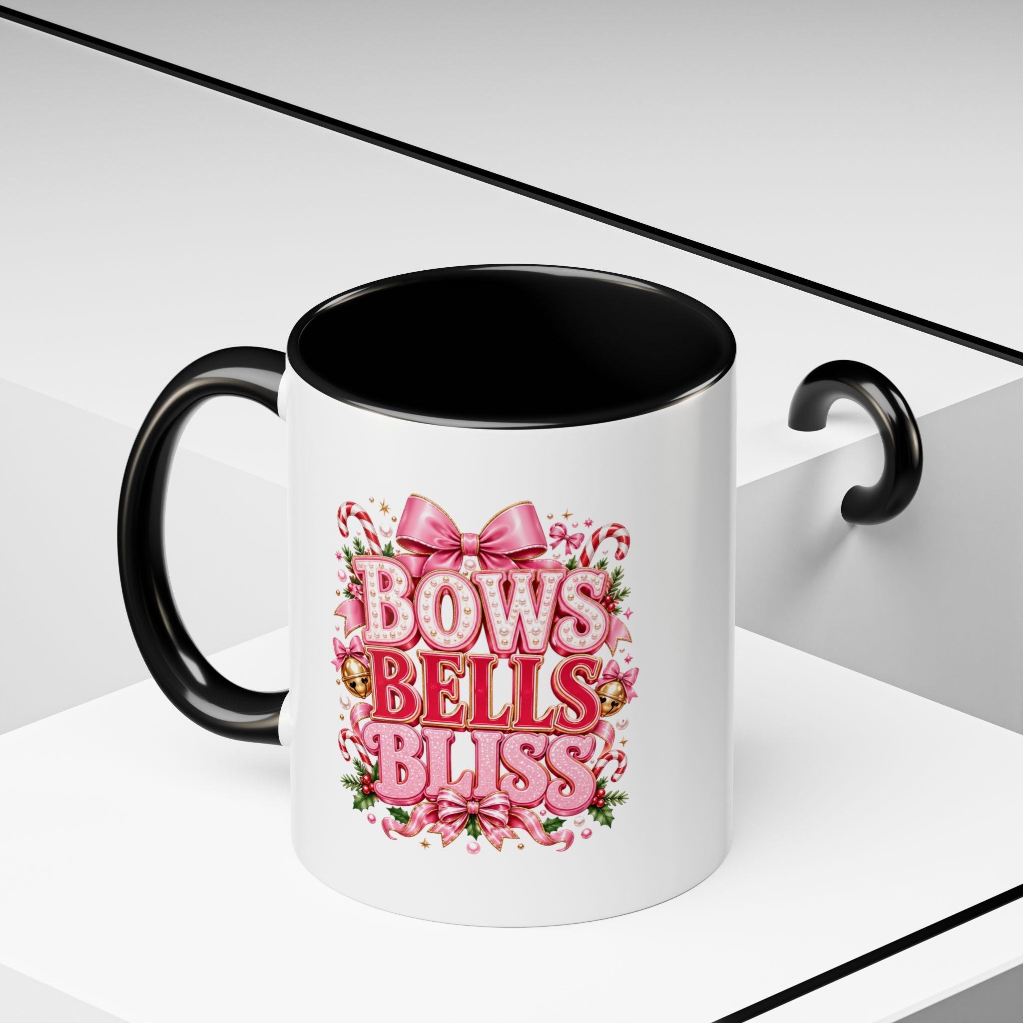 Modern Day Christmas Bows Bells Bliss Coffee Mug — Pink Holiday Accent Mug