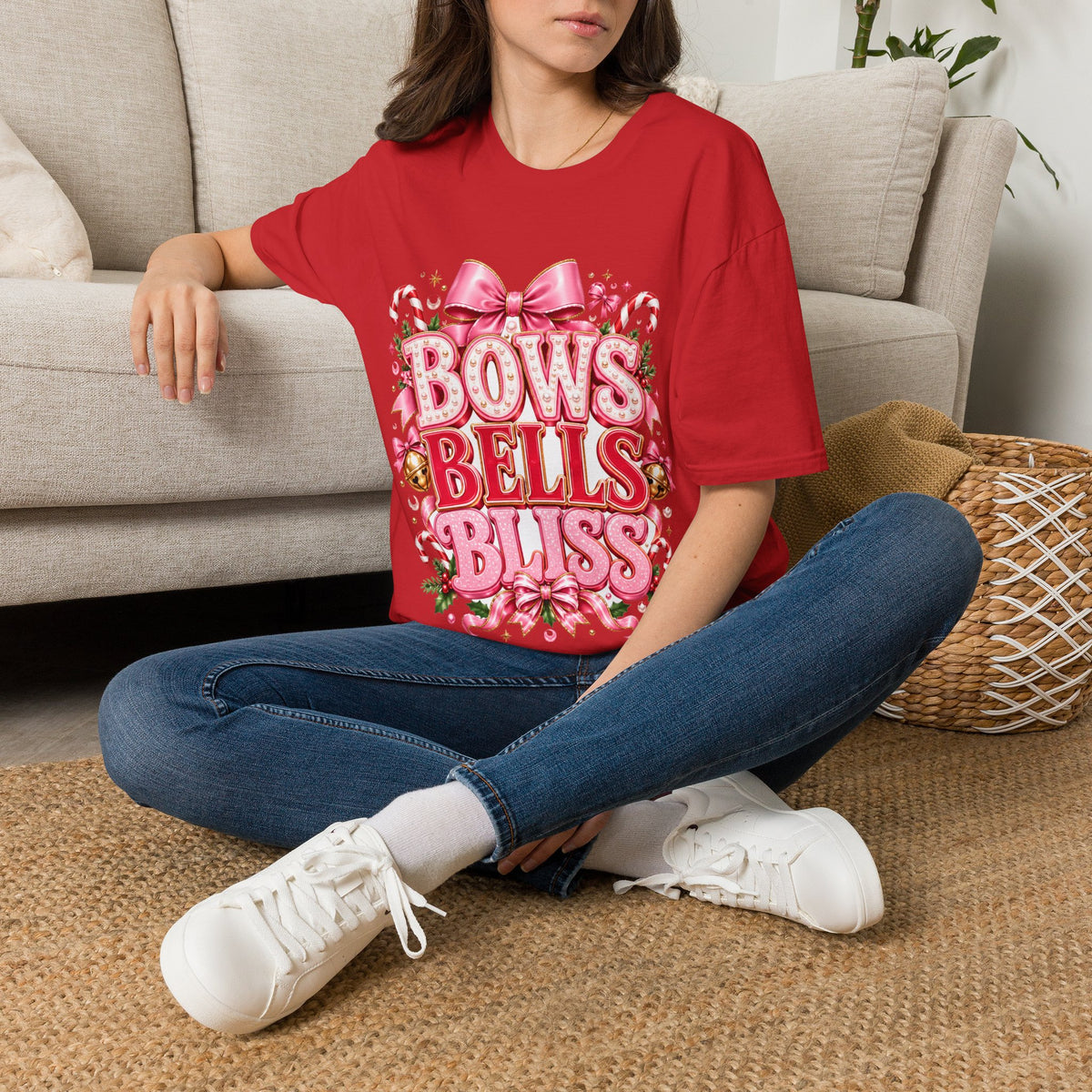 Bows Bells Bliss Christmas T‑Shirt — Pink Holiday Bow Graphic