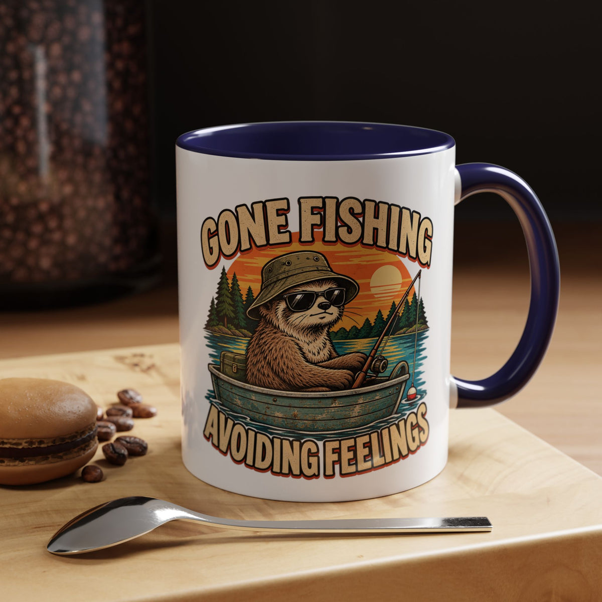 Funny And Witty "Gone Fishing Avoiding Feelings" Accent Coffee Mug (11, 15oz)