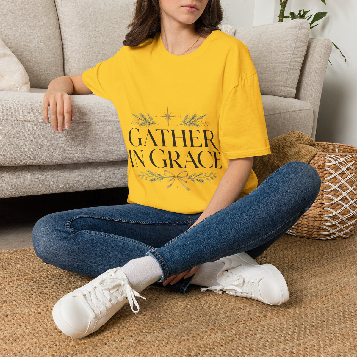 Gather in Grace T-Shirt — Elegant Holiday Floral Typography Tee