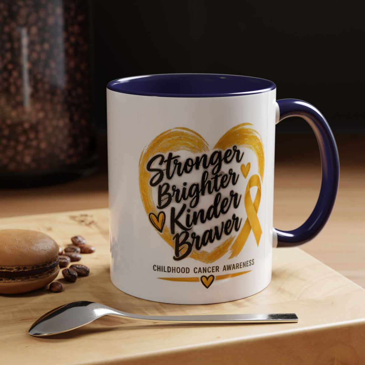 Childhood Cancer Awareness Accent Coffee Mug — "Stronger Brighter Kinder Braver"