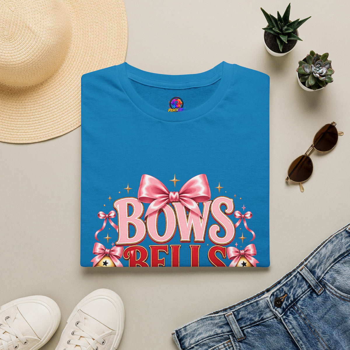 T-Shirt — "Bows Bells Bliss" Pink Holiday Graphic Tee