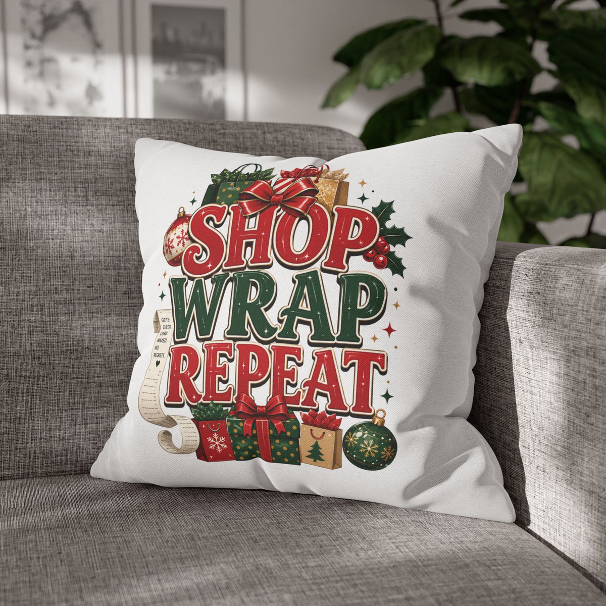 Shop Wrap Repeat Christmas Pillowcase — Holiday Decorative Throw Pillow Cover