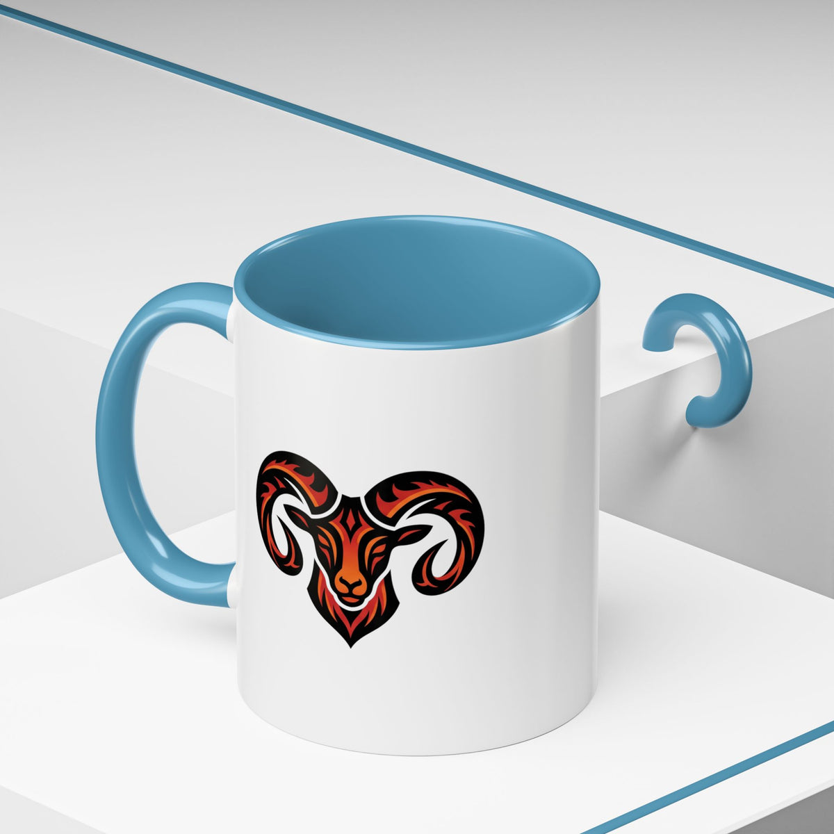 Aries Zodiac Ram Logo Accent Coffee Mug — Bold Tribal Ram Head Design
