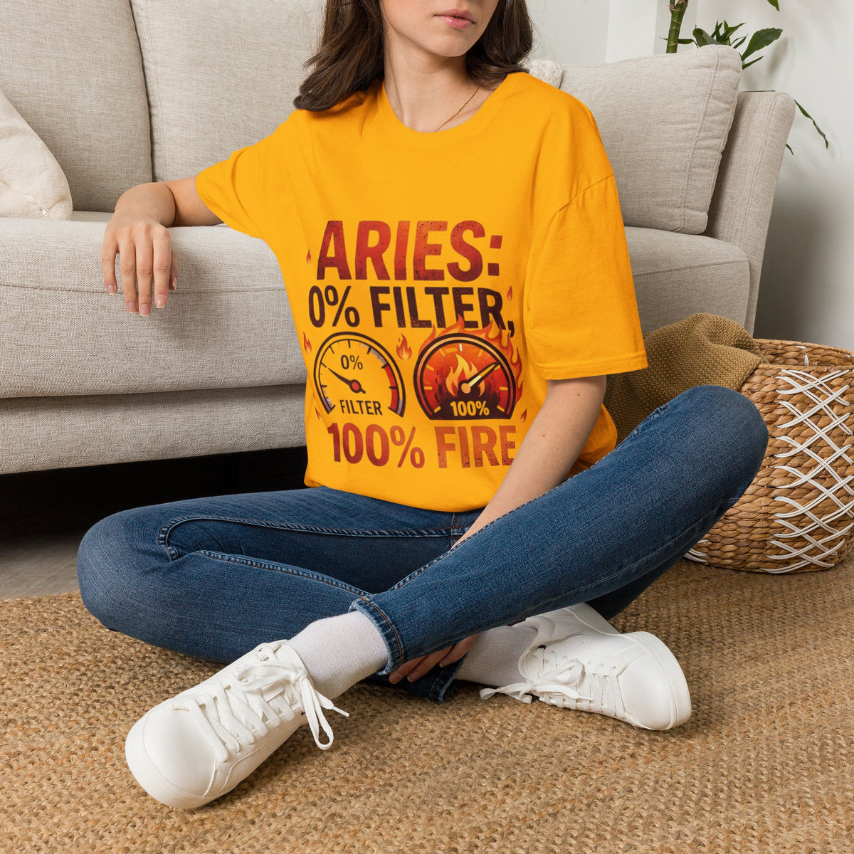 Aries T-Shirt — "Aries: 0% Filter, 100% Fire" Bold Zodiac Tee