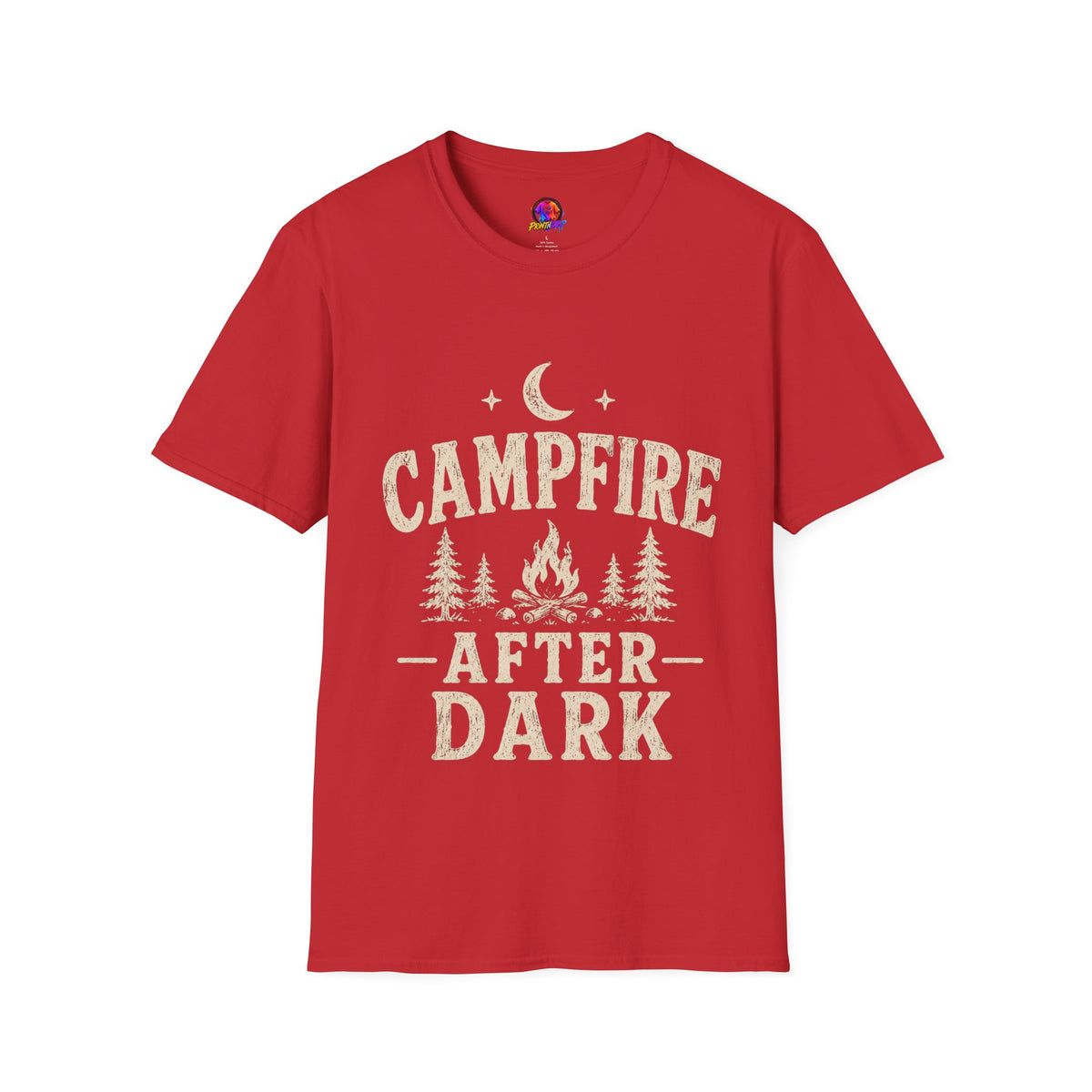 Campfire After Dark T-Shirt — Cozy Camping Moon & Trees Graphic