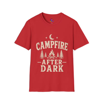 Campfire After Dark T-Shirt — Cozy Camping Moon & Trees Graphic