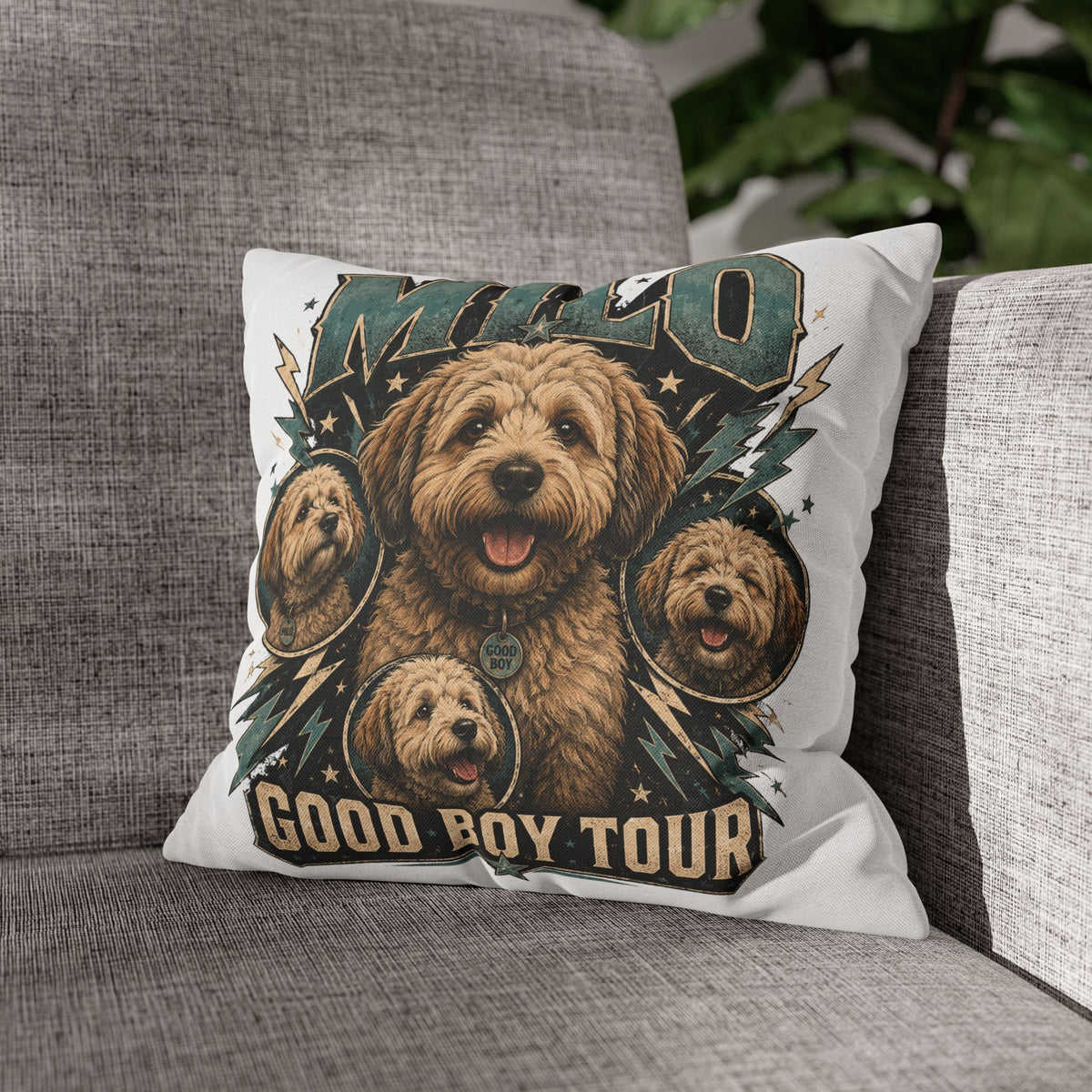 Milo "Good Boy Tour" Decorative Pillowcase — Cute Dog Portrait Square Throw Pillowcase Milo Bailey Dog Dad Mom