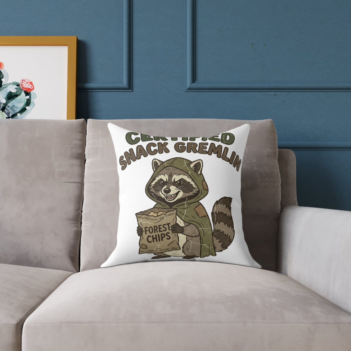 Funny Certified Snack Gremlin Raccoon Pillow — Cute Animal Snack Lover Throw Pillow