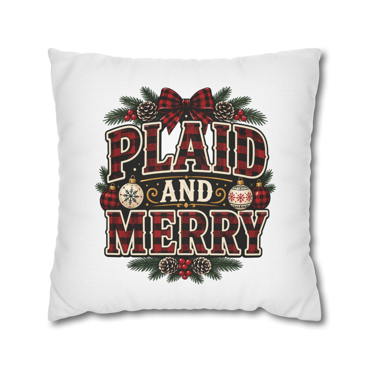 Plaid and Merry Christmas Throw Pillowcase — Festive Buffalo Plaid Holiday Decor