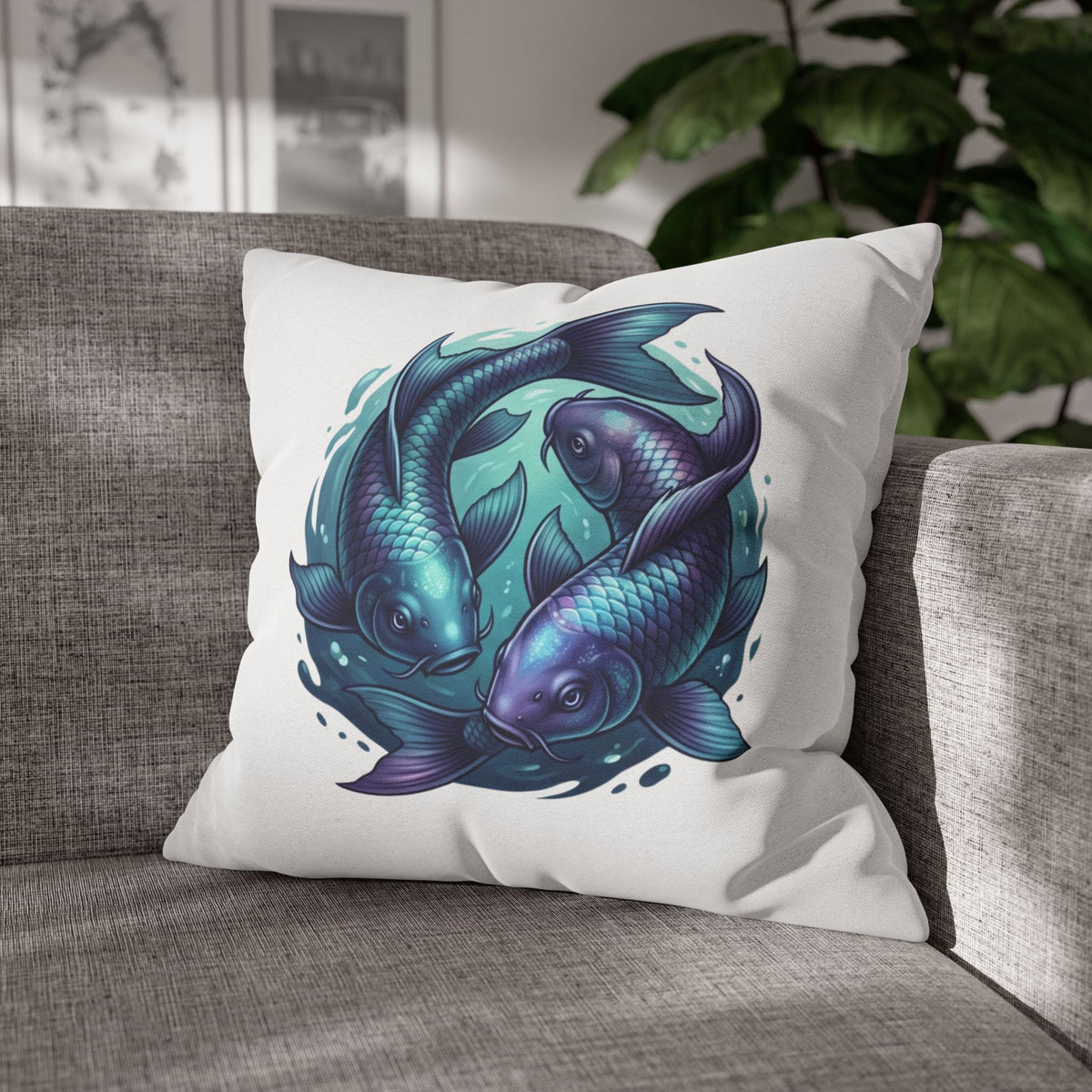 Pisces Koi Fish Decorative Pillowcase — Blue Yin Yang Aquatic Throw Pillow Cover