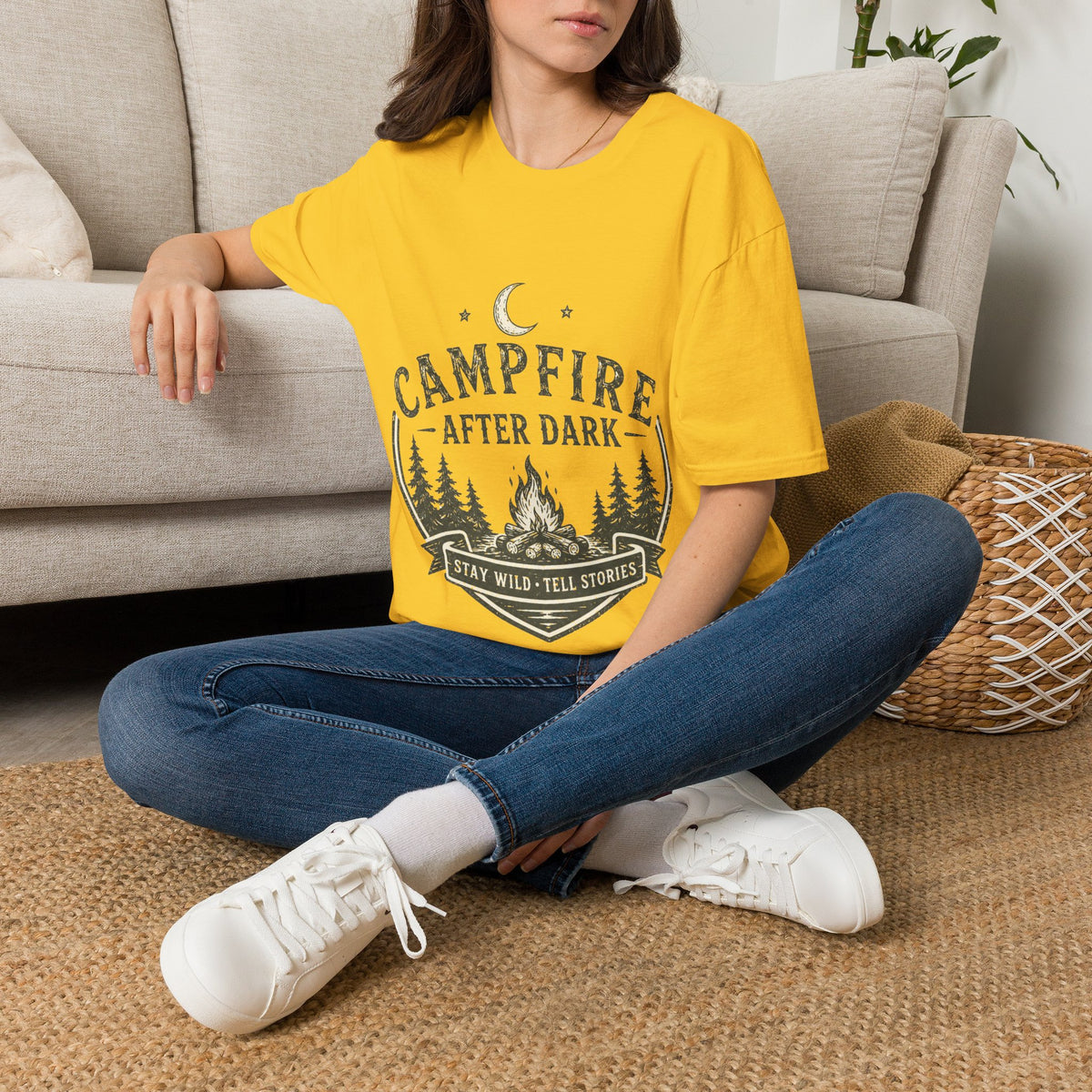 Campfire T-Shirt — "Campfire After Dark" Moonlit Camping Graphic