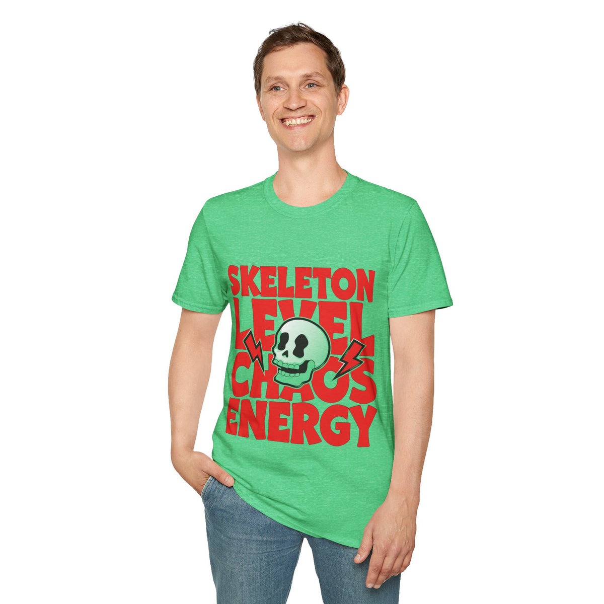 Skeleton Level Chaos Energy Red Block Tee - Bold Skull Lightning Graphic T-Shirt - Trending Now - September 2026