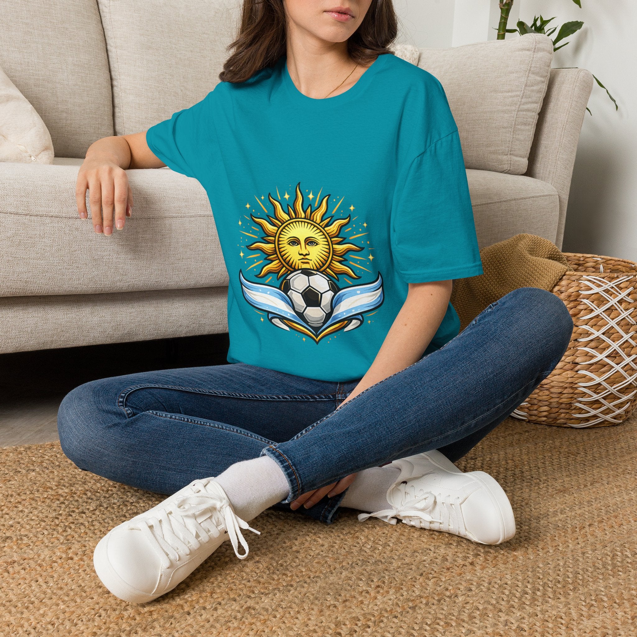 Argentina Sun Face Soccer T-Shirt — Retro Celestial Football Tee