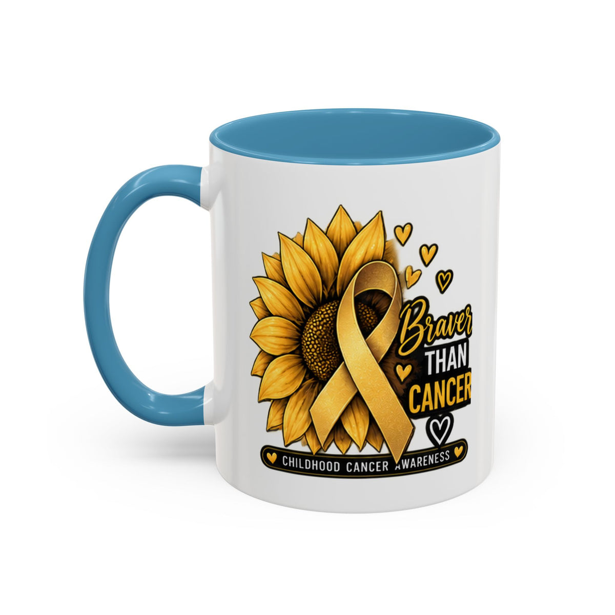 Childhood Cancer Awareness Mug — "Braver Than Cancer" Sunflower & Gold Ribbon