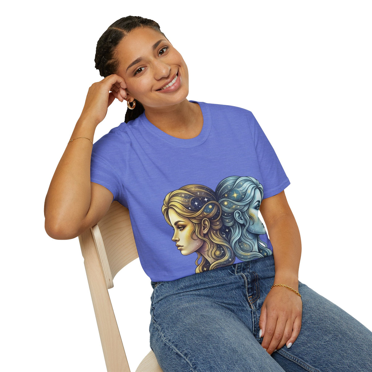 Zodiac Gemini Sun & Moon T-Shirt — Dual Faces Cosmic Design