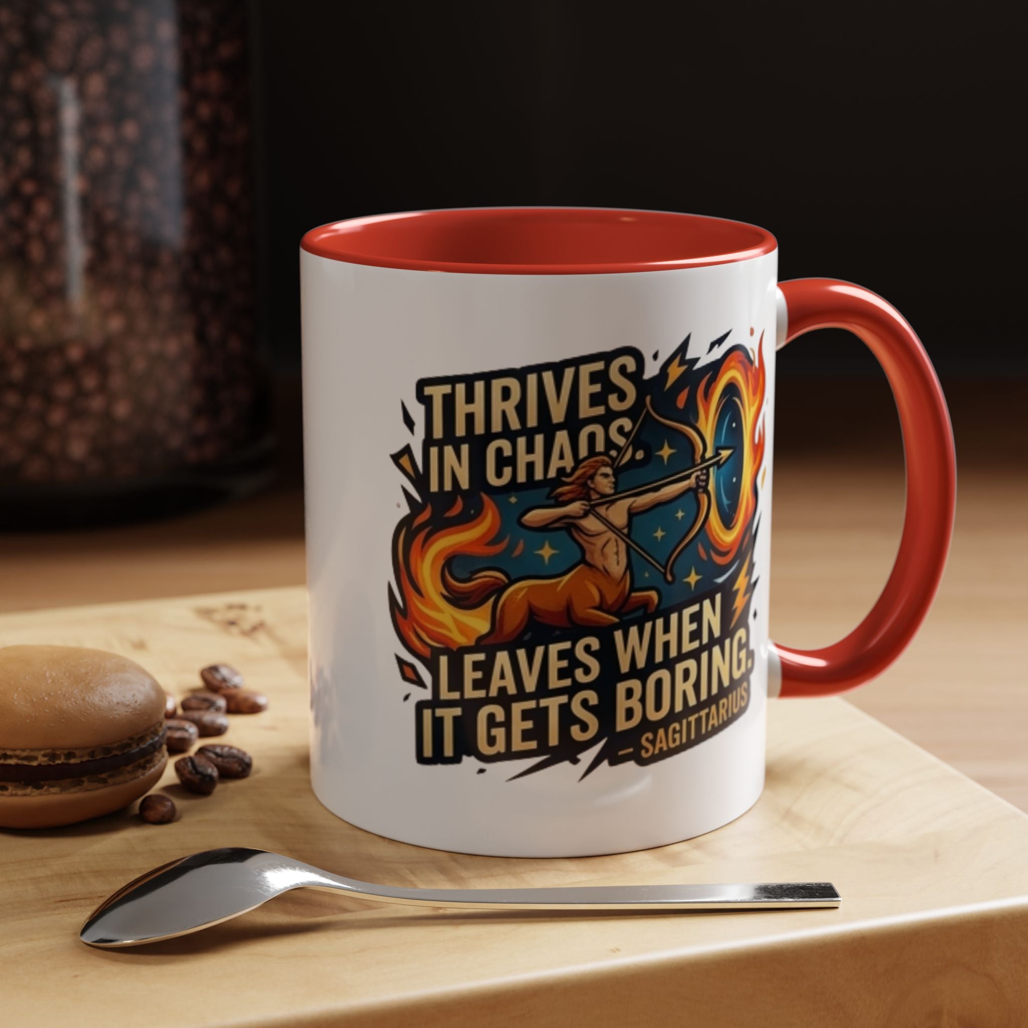 Sagittarius Coffee Mug – "Thrives in Chaos, Leaves When It Gets Boring" Accent Mug