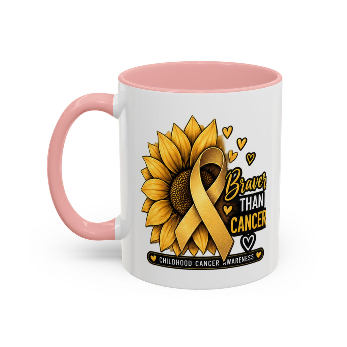 Childhood Cancer Awareness Mug — "Braver Than Cancer" Sunflower & Gold Ribbon