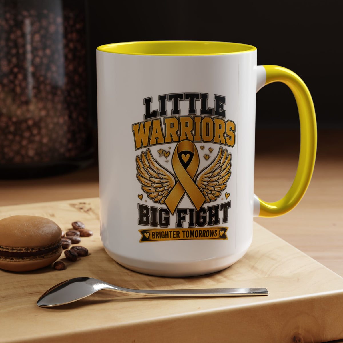 Little Warriors Big Fight Childhood Cancer Awareness Coffee Mug — Gold Ribbon Support Accent Mug