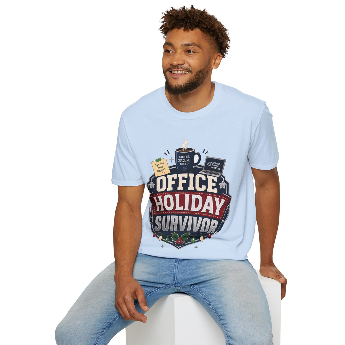 Office Holiday Survivor T-Shirt — Coffee, Deadlines & Cheer Work Shirt