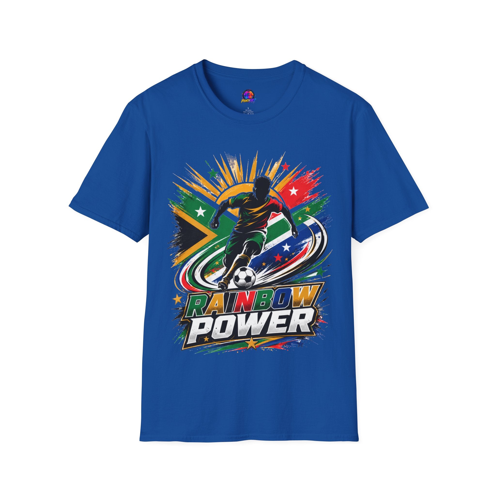 South Africa Soccer Rainbow Power T-Shirt — Colorful Football Player Graphic Tee