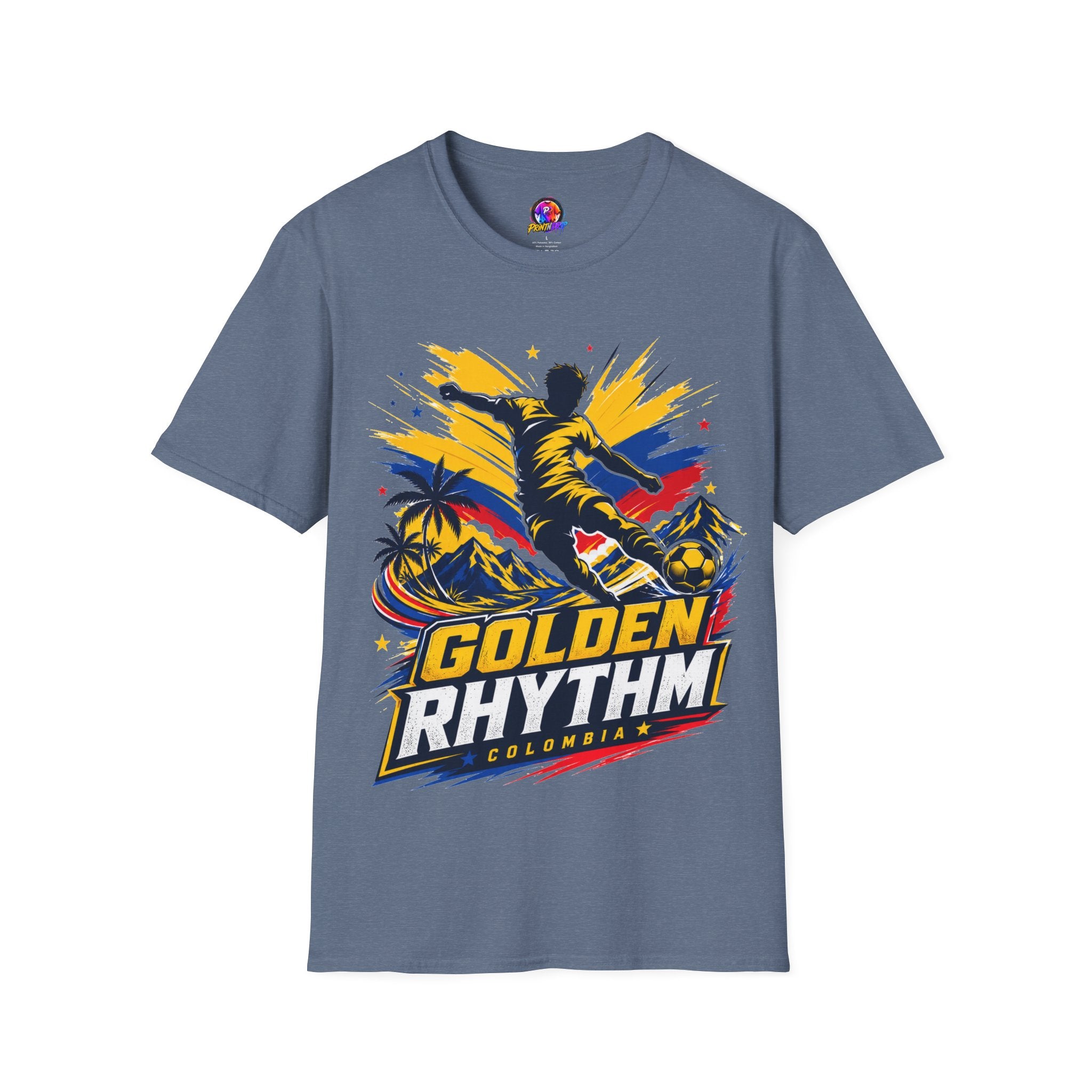 Columbia Soccer Player Graphic T-Shirt — "Golden Rhythm" Vibrant Beach Soccer Tee