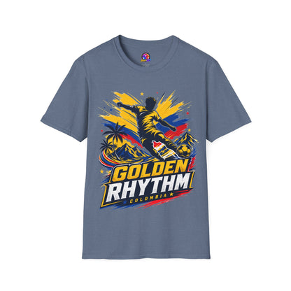Columbia Soccer Player Graphic T-Shirt — "Golden Rhythm" Vibrant Beach Soccer Tee